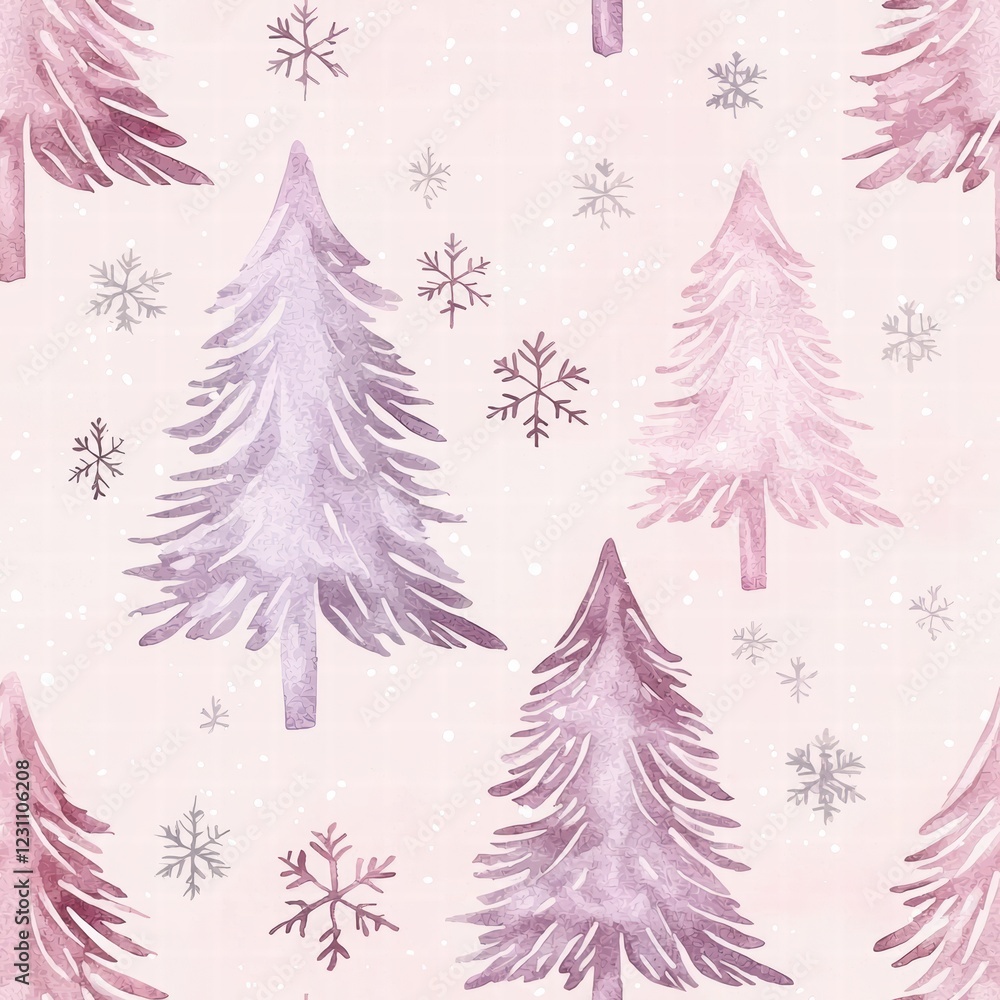 Watercolor Pink and Purple Christmas Tree Pattern with Snowflakes Watercolor Pink and Purple Christmas Tree Pattern with Snowflakes