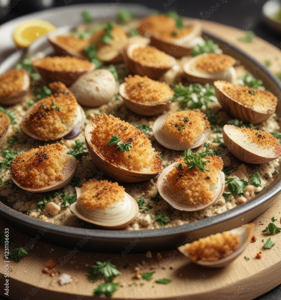 Shot of breadcrumbs and parsley sprinkled on top of baked clams oreganata , oreganata sauce, comfort food, crunchy topping Shot of breadcrumbs and parsley sprinkled on top of baked clams oreganata , oreganata sauce, comfort food, crunchy topping