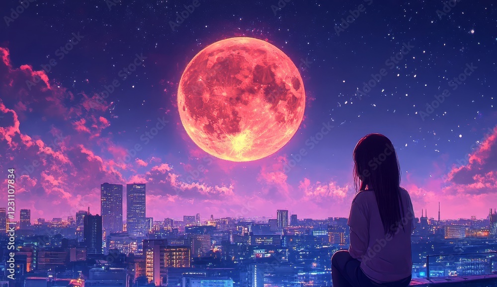 Naklejka premium A young woman admires a stunning futuristic cityscape.