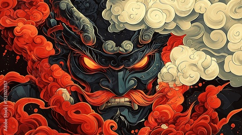 Fierce mythical warrior with fiery red clouds and dramatic expressions in a vibrant illustration