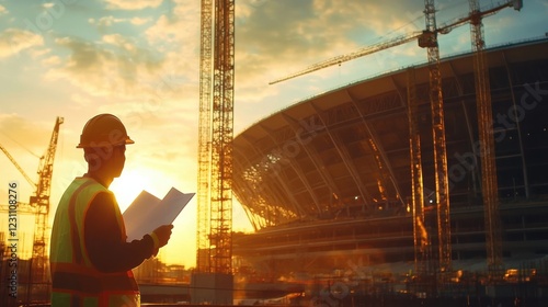 A cinematic shot of a massive stadium under construction, its sleek modern architecture towering majestically into the sky. In the foreground, a construction photo