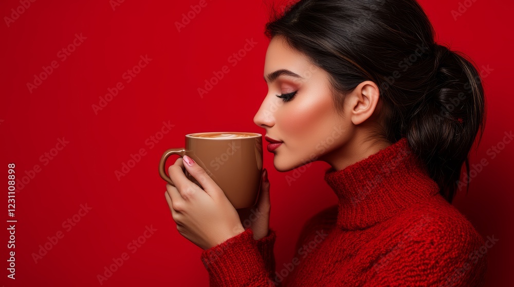 Beautiful lady drinking coffee brunette enjoy cup of hot chocolate side view cute girl isolated on red background portrait of female with morning tea gorgeous woman holding cappuccino mug Beautiful lady drinking coffee brunette enjoy cup of hot chocolate side view cute girl isolated on red background portrait of female with morning tea gorgeous woman holding cappuccino mug