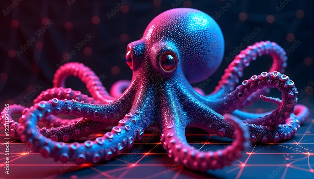 Obraz premium The vibrant illustration features a colourful cyber octopus