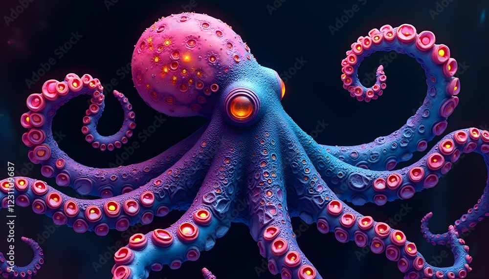 Fototapeta premium The vibrant illustration features a colourful cyber octopus