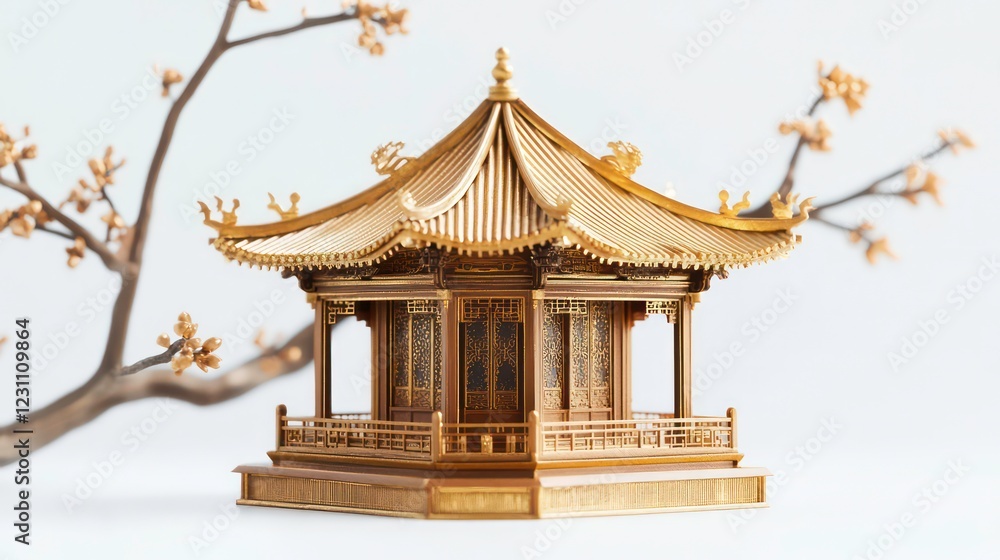 Naklejka premium A detailed miniature model of a traditional Asian pavilion with intricate designs, featuring a golden roof and surrounded by a subtle branch, set against a white isolated background
