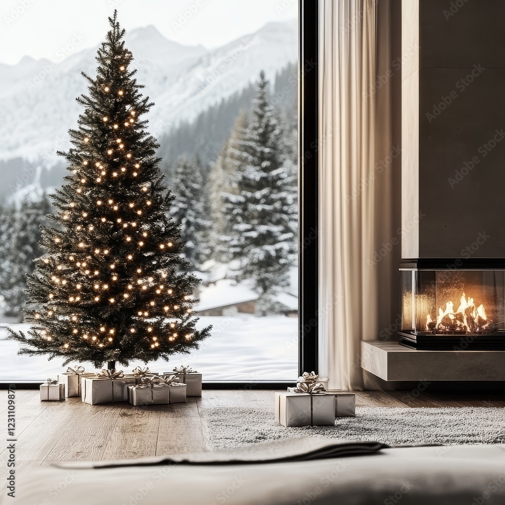 Festive atmosphere enhanced with silver present boxes beneath the tree. Festive atmosphere enhanced with silver present boxes beneath the tree.