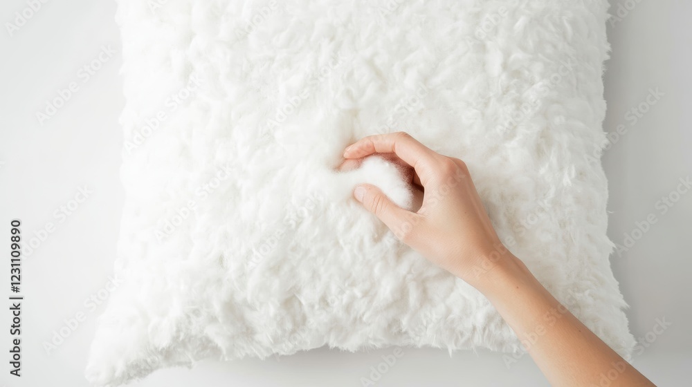 Cropped shot of female hand holding and showing fluffy fiberfill from pillow on white background with copy space hypoallergenic stuffing comfort sleeping concept Cropped shot of female hand holding and showing fluffy fiberfill from pillow on white background with copy space hypoallergenic stuffing comfort sleeping concept