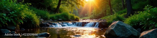 Gentle stream flows into a tranquil waterfall amidst a forest of tall trees and lush green foliage at sunset, stream, landscape