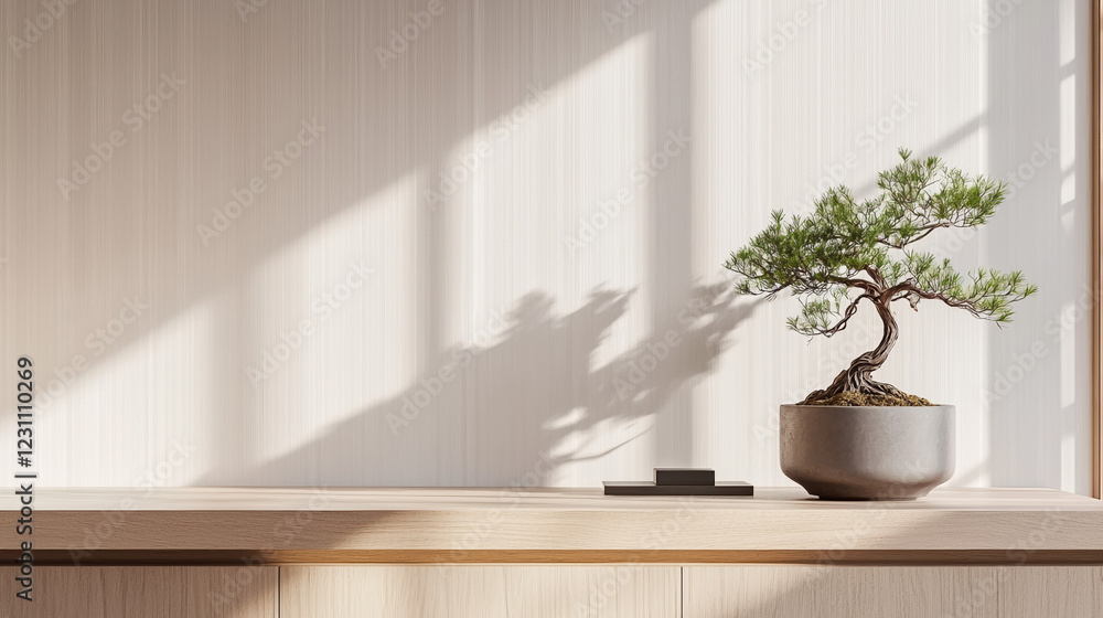 Fototapeta premium A minimalist desk, with a modern vase with Bonsai tree. 