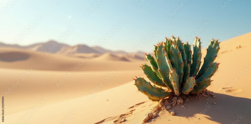 Metallic silver cactus growing in a desert landscape with sandy dunes, sand, open Metallic silver cactus growing in a desert landscape with sandy dunes, sand, open