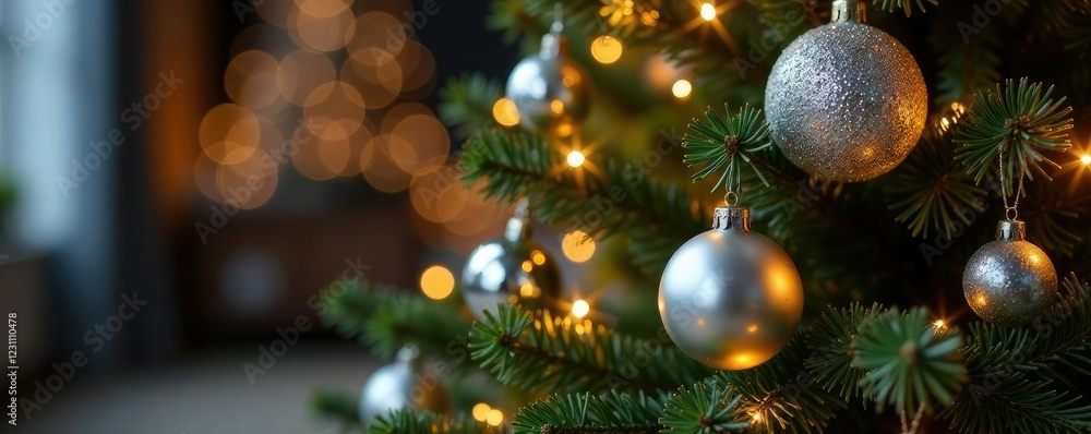 Sparkly silver balls and golden fairy lights around a tall Christmas tree, decorations, balls, fairy lights Sparkly silver balls and golden fairy lights around a tall Christmas tree, decorations, balls, fairy lights