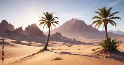 Palm tree rises above the dunes in front of a majestic desert mountain range, isolated haven, desert landscape , serenity
