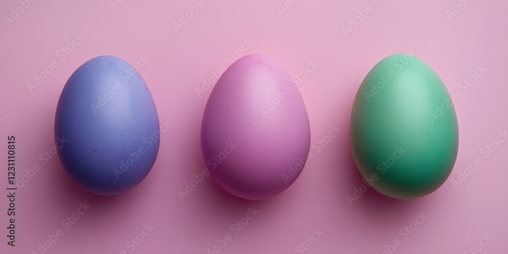Three colorful eggs are arranged neatly on a soft pink surface, showcasing vibrant hues that capture the essence of Easter celebrations.