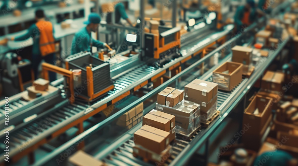 An assembly line with workers and machines processing goods in a busy warehouse during the afternoon, creating an efficient workflow. An assembly line with workers and machines processing goods in a busy warehouse during the afternoon, creating an efficient workflow.