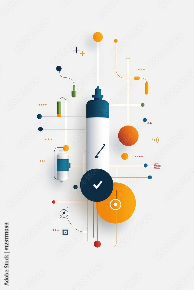 Obraz premium A colorful drawing of a syringe with a check mark on it
