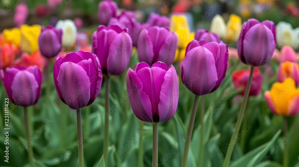 Purple tulips in a field of other colorful tulips Purple tulips in a field of other colorful tulips