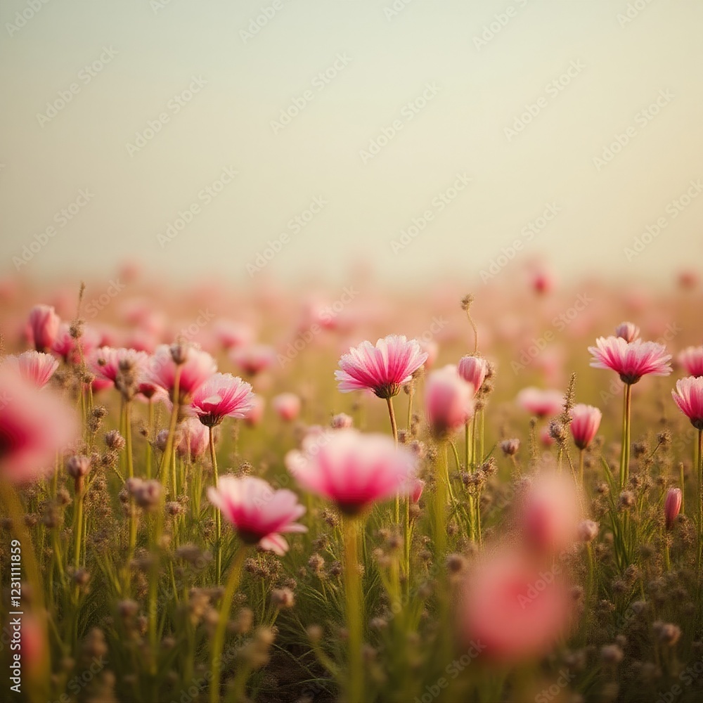 Pink flowers swaying in the breeze on a grassy plain, Earthy Tones, Floral Arrangements Pink flowers swaying in the breeze on a grassy plain, Earthy Tones, Floral Arrangements