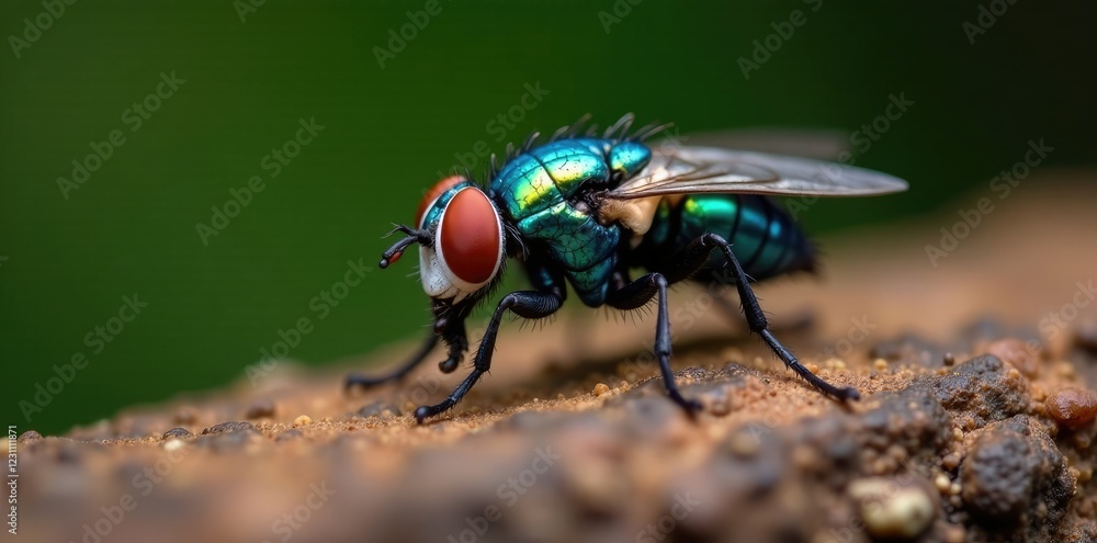 Small fly with metallic blue sheen on abdomen, iridescent, wildlife Small fly with metallic blue sheen on abdomen, iridescent, wildlife