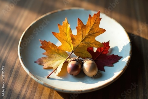 Wallpaper Mural Small sprig of oak leaves and acorns placed on a ceramic plate, autumn plants, herbal decor, earthy tones Torontodigital.ca