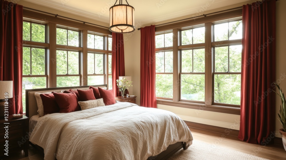 Fototapeta premium Spacious bedroom featuring a cozy bed large windows with red curtains and a classic pendant light.