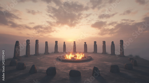 Ancient statues encircle a bonfire at sunset, creating a mystical and serene scene.