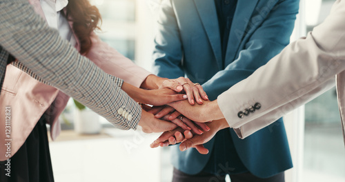 Obraz na płótnie Hands, huddle and team building with business people in office together for solidarity or unity