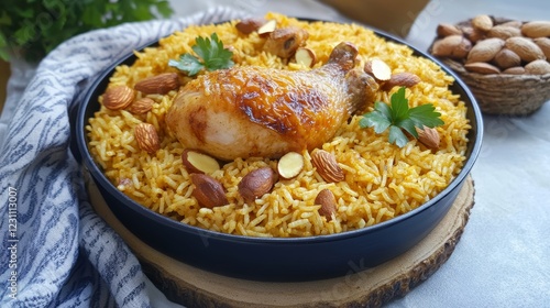 Chicken kabsa - homemade arabian rice Saudi food. The national Saudi Arabian dish chicken kabsa with roasted chicken quarter and almonds photo