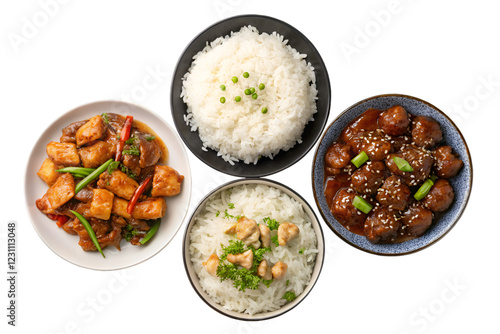set of plates of food with meat and white rice