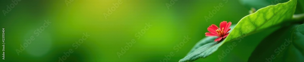 Fototapeta premium Tiny red petals peeking from under the green leaf, flowers in leaves, small flower, garden