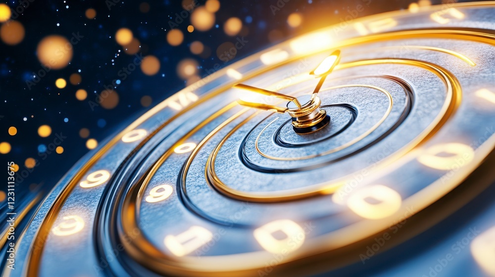 Close-Up of Metallic Clock Face with Glowing Hands and Glittering Background Close-Up of Metallic Clock Face with Glowing Hands and Glittering Background