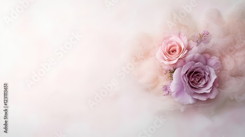 A close up of two pink roses on a white background