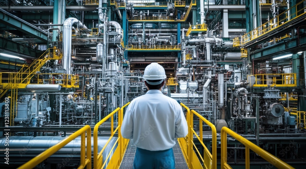 A professional photograph of an industrial engineer wearing a white helmet and shirt, standing in the middle with his back to the camera, in a large steel factory. A professional photograph of an industrial engineer wearing a white helmet and shirt, standing in the middle with his back to the camera, in a large steel factory.
