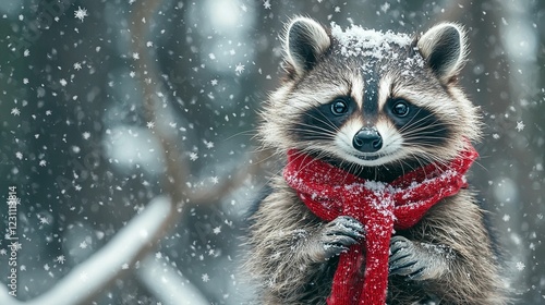 Snowy Raccoon in Red Scarf