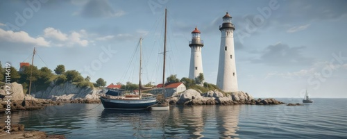 Sailboat moored at a tranquil harbor with a lighthouse nearby, marina, sailboat