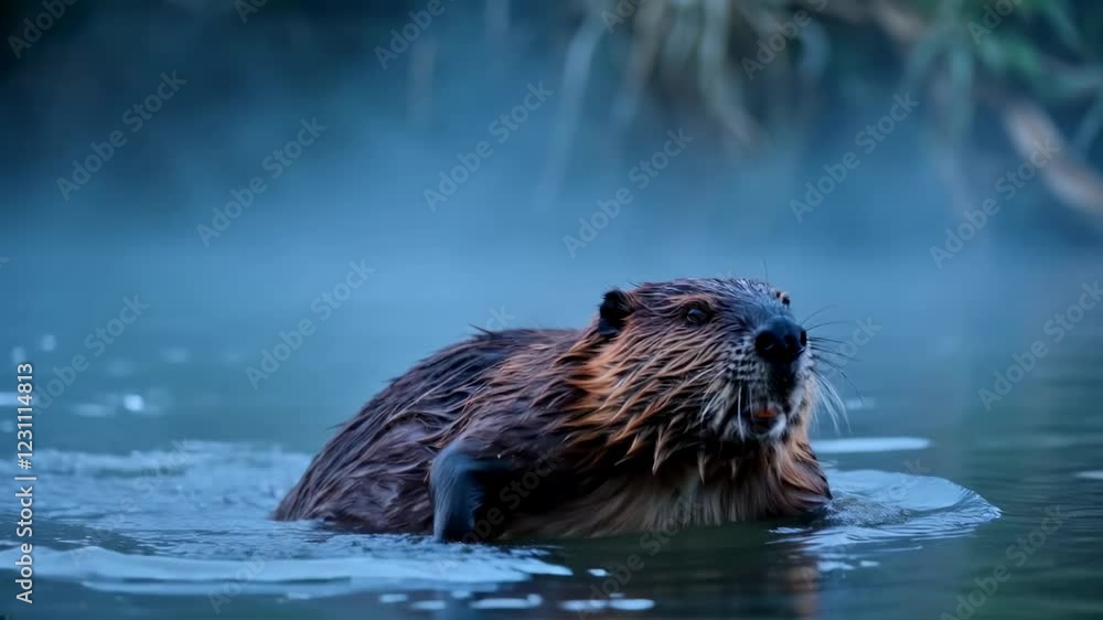 Majestic Beaver Swimming in a Misty River at Dawn with Crystal Clear Water Splashes Majestic Beaver Swimming in a Misty River at Dawn with Crystal Clear Water Splashes