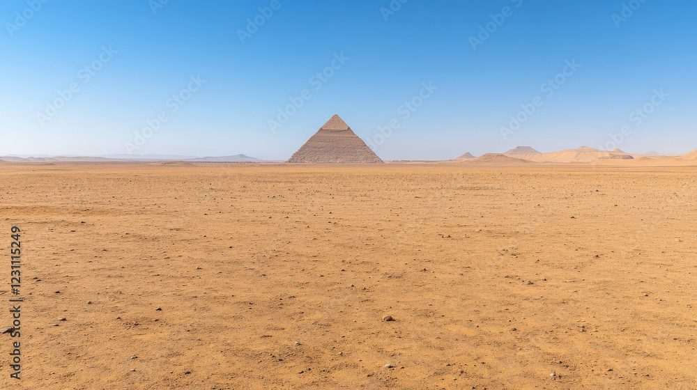 Ancient pyramid standing alone in the vast, golden desert under a clear blue sky. Ancient pyramid standing alone in the vast, golden desert under a clear blue sky.