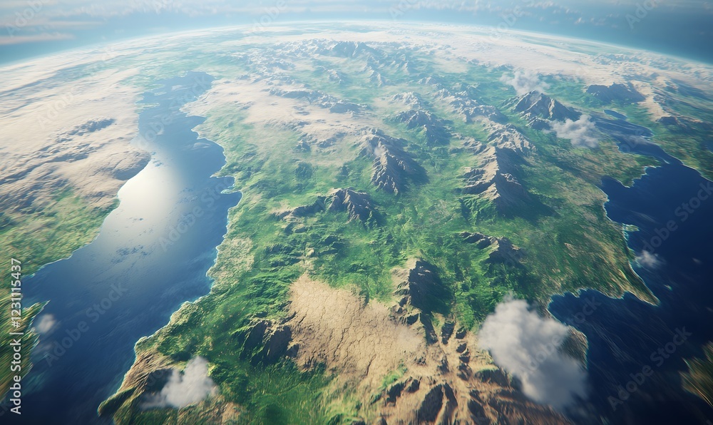Aerial Coastal Mountain Range Landscape, Sunlit Clouds Aerial Coastal Mountain Range Landscape, Sunlit Clouds