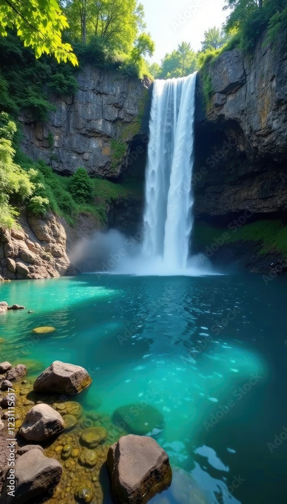 A waterfall cascading down a rocky cliffside into a crystal clear lake, lake, scenery A waterfall cascading down a rocky cliffside into a crystal clear lake, lake, scenery