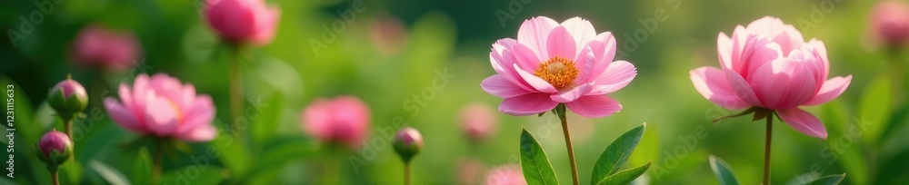 Dainty pink peonies sway gently in the breeze amidst lush greenery, peonies, nature Dainty pink peonies sway gently in the breeze amidst lush greenery, peonies, nature
