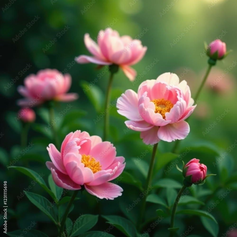 Dainty pink peonies sway gently in the breeze amidst lush greenery, romantic, moody, Dainty pink peonies sway gently in the breeze amidst lush greenery, romantic, moody,