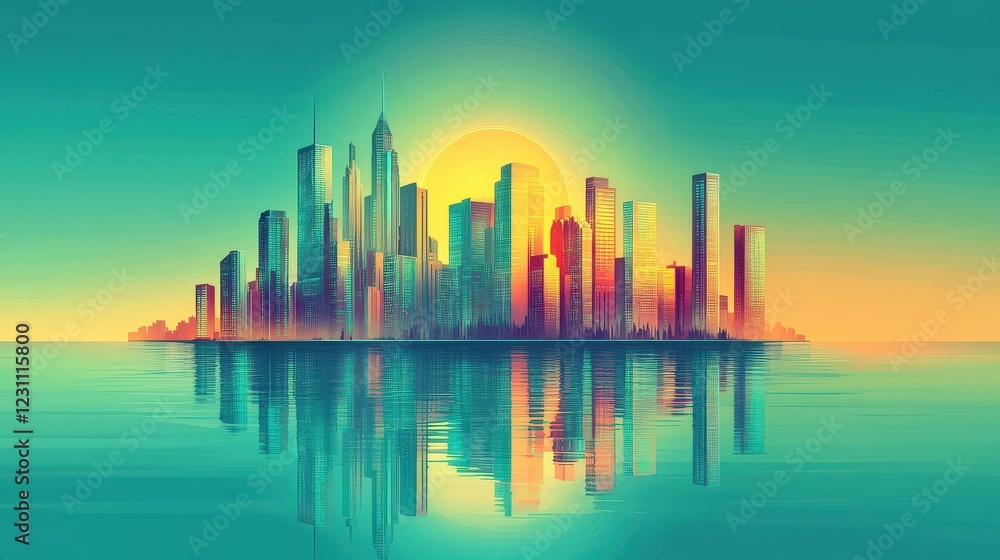 Fototapeta premium Vibrant City Skyline Reflected in Calm Water at Sunset