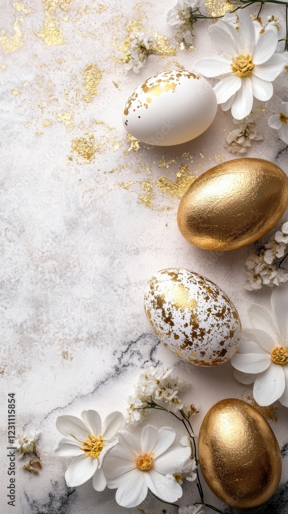 Three golden eggs and two white eggs rest elegantly on a polished marble surface, embodying the festive spirit of Easter celebrations. Three golden eggs and two white eggs rest elegantly on a polished marble surface, embodying the festive spirit of Easter celebrations.