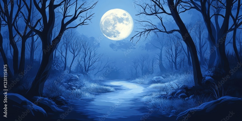 Naklejka premium Serene Moonlight Illuminates A Tranquil Forest Stream