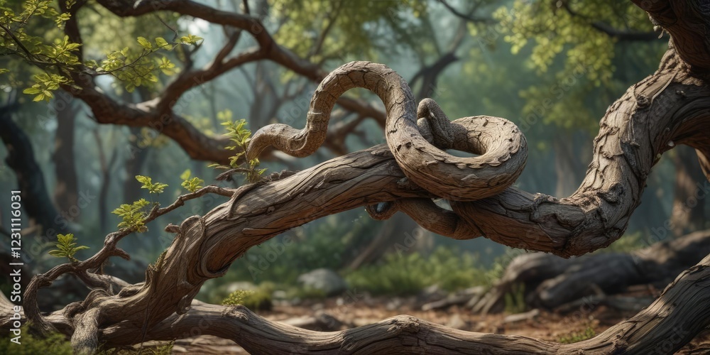 Serpent wrapped around a gnarled and twisted wooden branch, entwined, coiled, wooden branch Serpent wrapped around a gnarled and twisted wooden branch, entwined, coiled, wooden branch