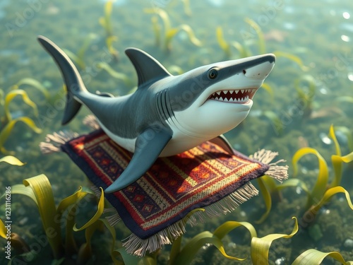 Shark riding a multicolored rug as it floats on seaweed, beach party, shark surfing rug seaweed float, marine environment photo