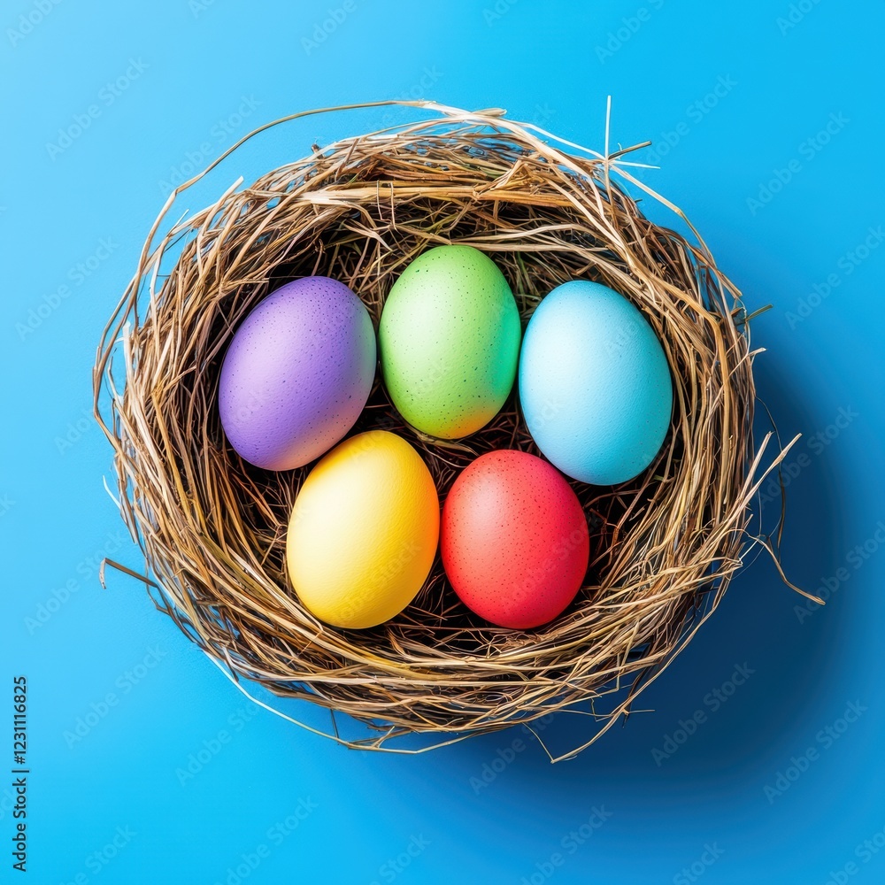 A vibrant nest featuring four beautifully colored eggs, symbolizing the joy and renewal of Easter celebrations. A vibrant nest featuring four beautifully colored eggs, symbolizing the joy and renewal of Easter celebrations.