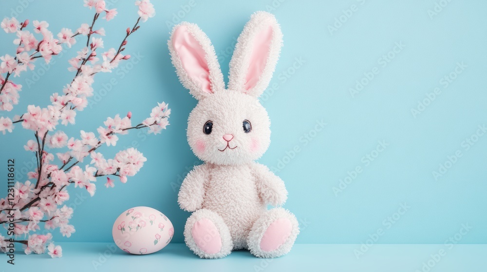 A soft white rabbit plush toy is placed beside a delicate pink flower, symbolizing the joy and renewal of the Easter season. A soft white rabbit plush toy is placed beside a delicate pink flower, symbolizing the joy and renewal of the Easter season.