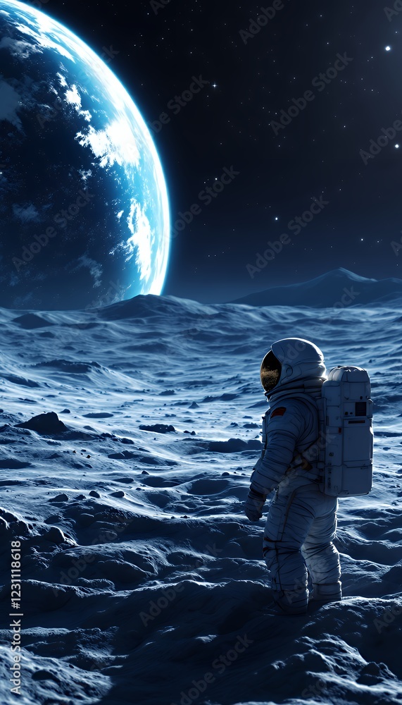 Fototapeta premium Astronaut Standing on Moon Surface with Earth View in Dark Space Atmosphere