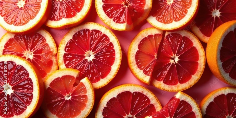 Vibrant Red Citrus Fruit Slices Arranged in a Close-Up Overhead Shot on a Pink Background Vibrant Red Citrus Fruit Slices Arranged in a Close-Up Overhead Shot on a Pink Background