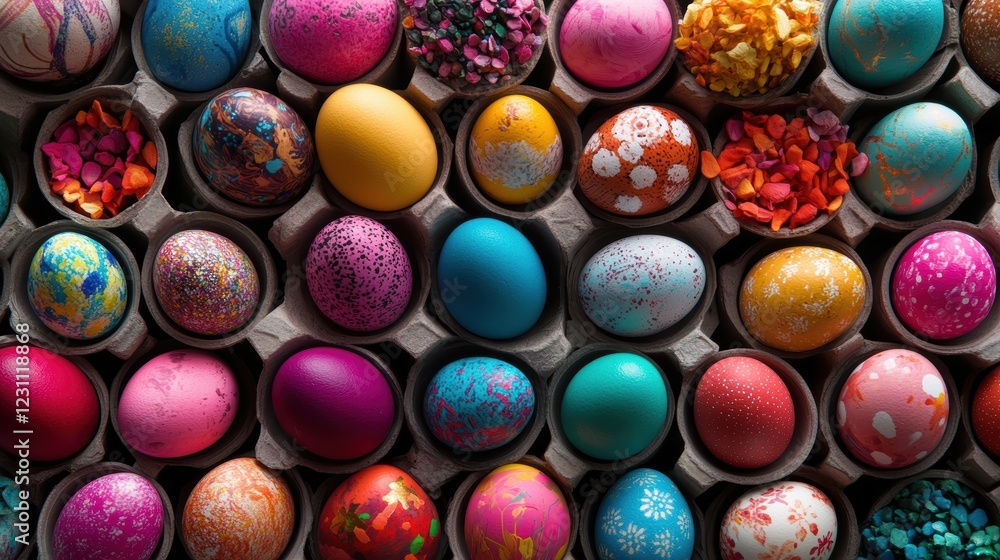 Fototapeta premium Colorful eggs arranged in a cardboard box for easter or spring celebrations